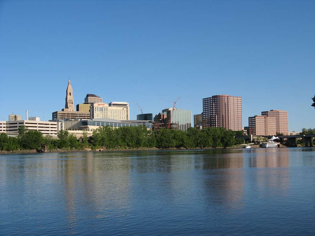The Hartford, Connecticut, skyline across the Connecticut River. 